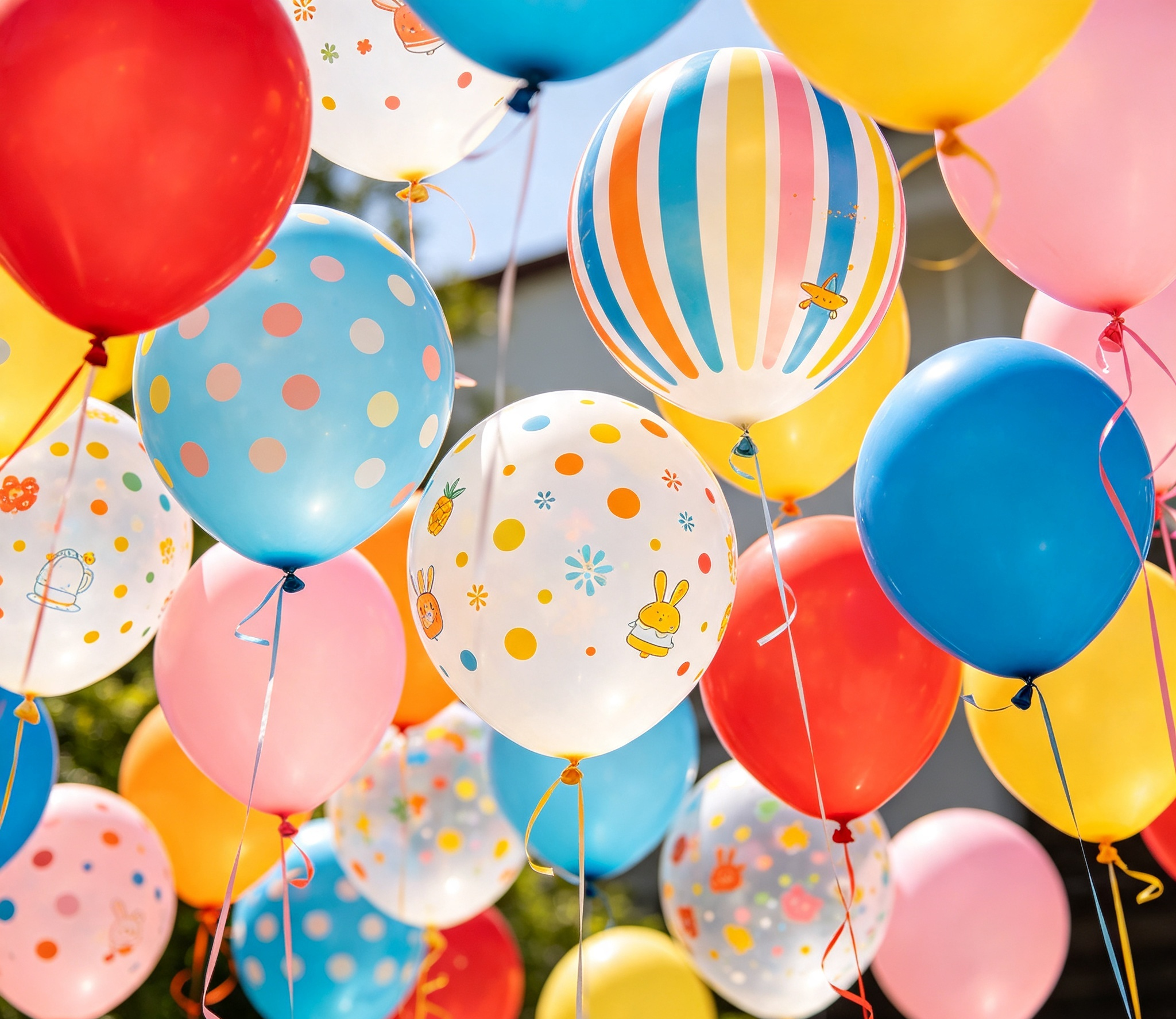 Kingdoms Celebration of Colorful balloons, including red, pink, blue, yellow, and white, with various patterns and illustrations such as polka dots, stripes, and cartoon characters, floating outdoors against a blue sky.