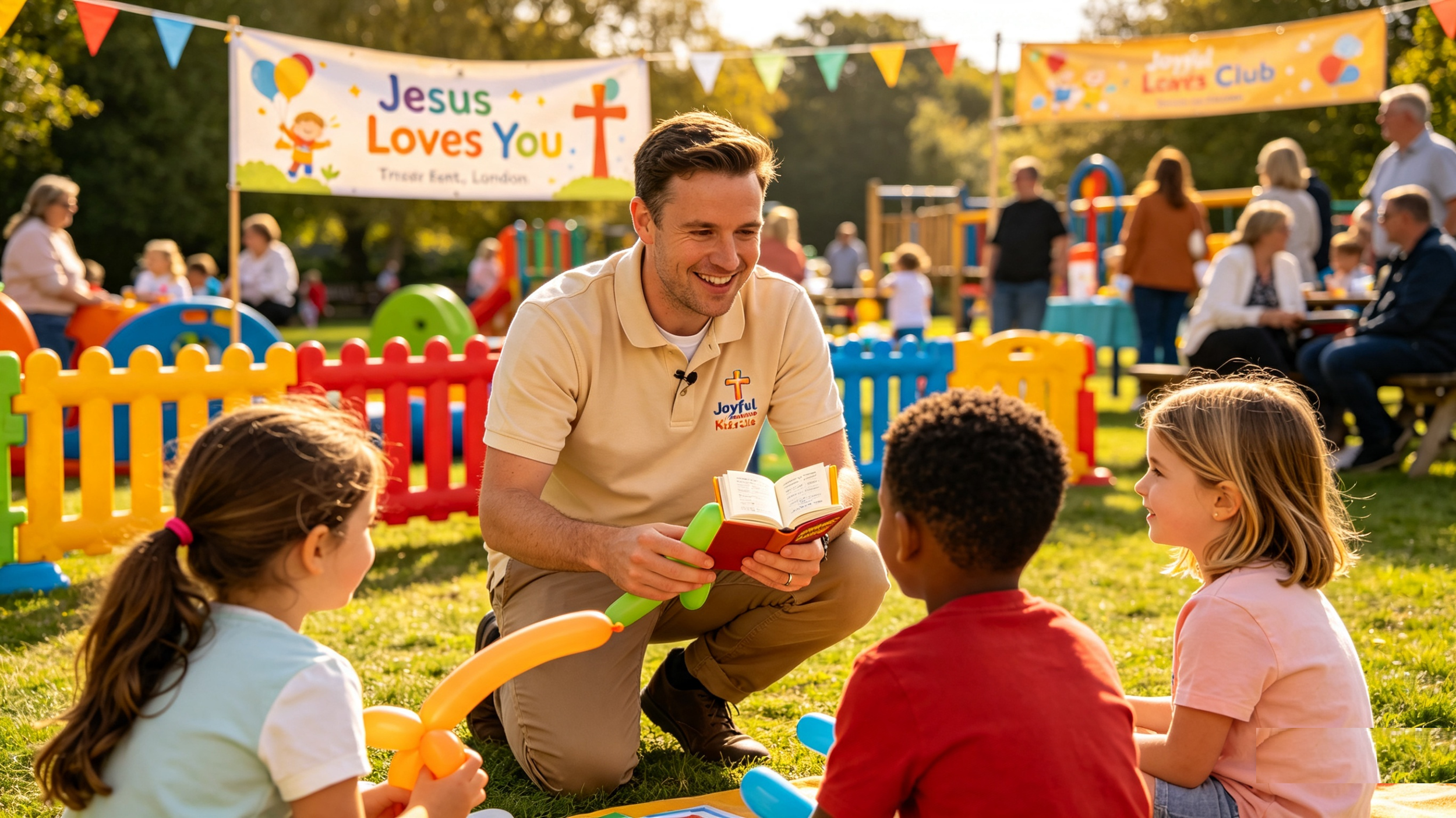 Kingdoms Celebration of a man reads a book to children sitting on the grass at an outdoor community event, with colorful balloons, banners, and a playground in the background.