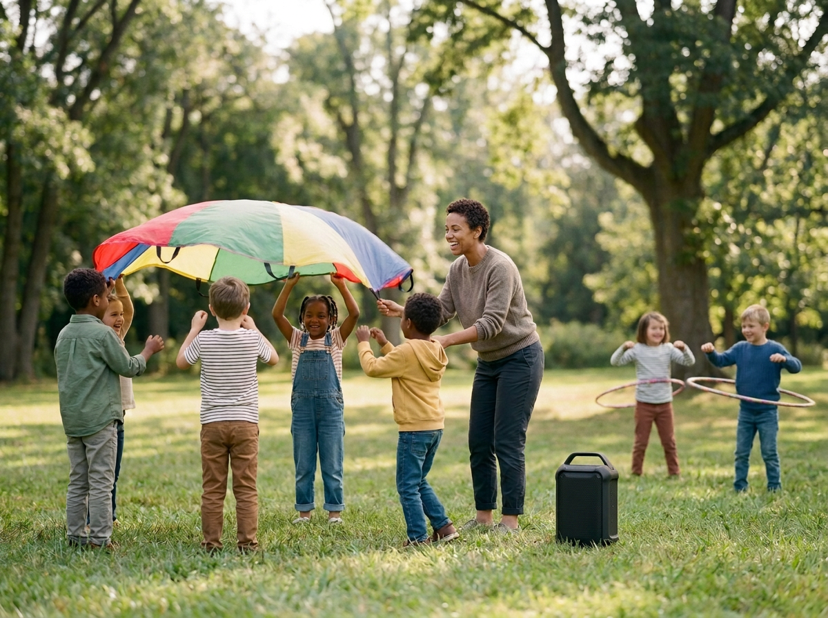 Kingdoms Celebration of group of children and a woman playing with a colorful parachute outdoors in a park. Some children are holding the parachute, and others are playing with hula hoops.