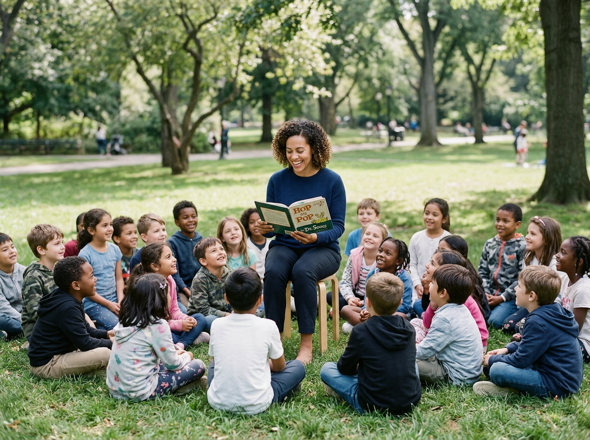 A Kingdoms Celebration of woman reading a book to a group of children outdoors in a park, all sitting on the grass surrounded by trees.