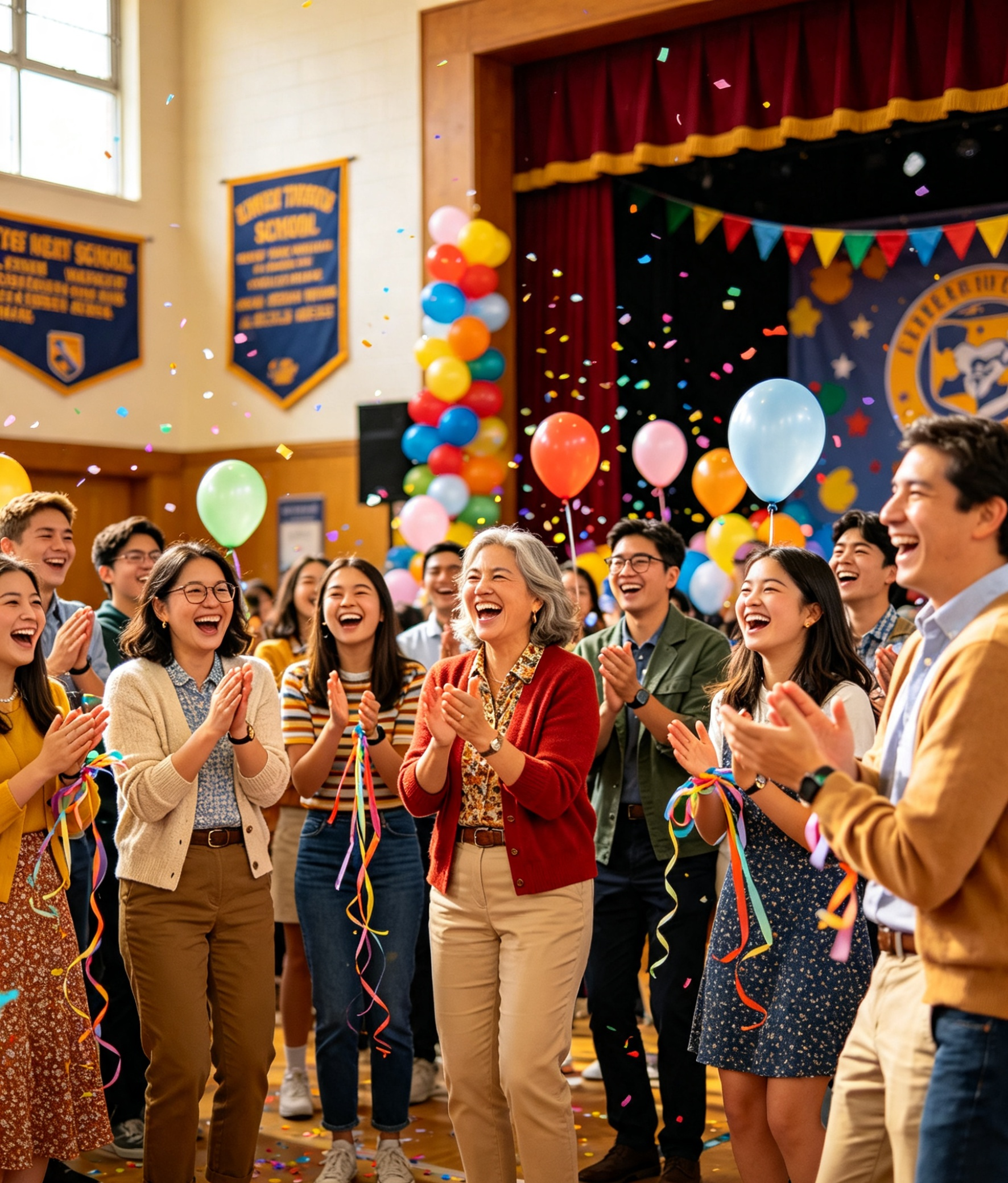 Kingdoms Celebration of people joyfully celebrating with balloons and confetti in a decorated auditorium, likely at a school event.