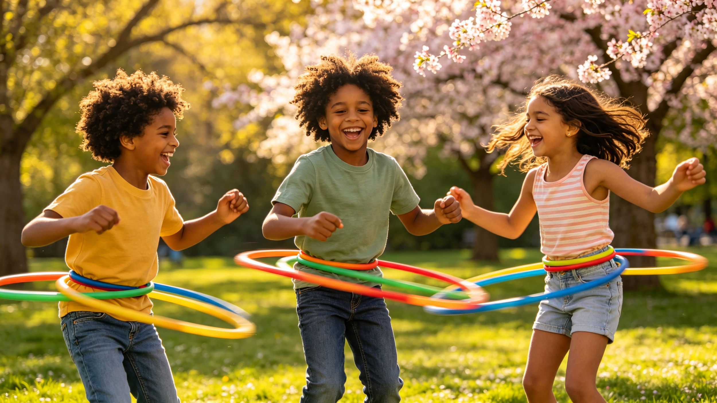 Kingdoms Celebration of three children with hula hoops playing outside in a park with blooming cherry blossom trees in the background, smiling and enjoying a sunny day.