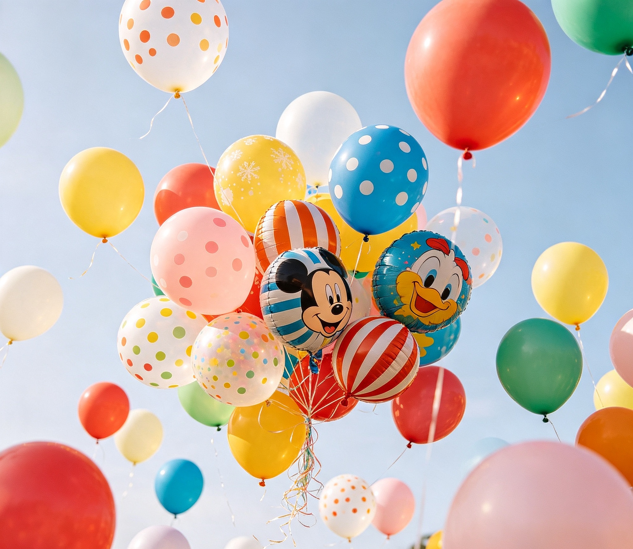 Kingdoms Celebration of Colorful balloons floating in the sky, including characters like Mickey Mouse and Donald Duck.