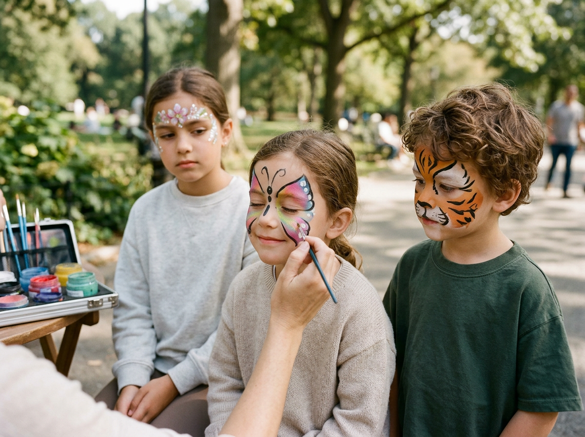 Kingdoms Celebration of Children with face paint in a park, including a girl with butterfly face paint being painted and a boy with tiger face paint, while a girl with flower face paint watches.