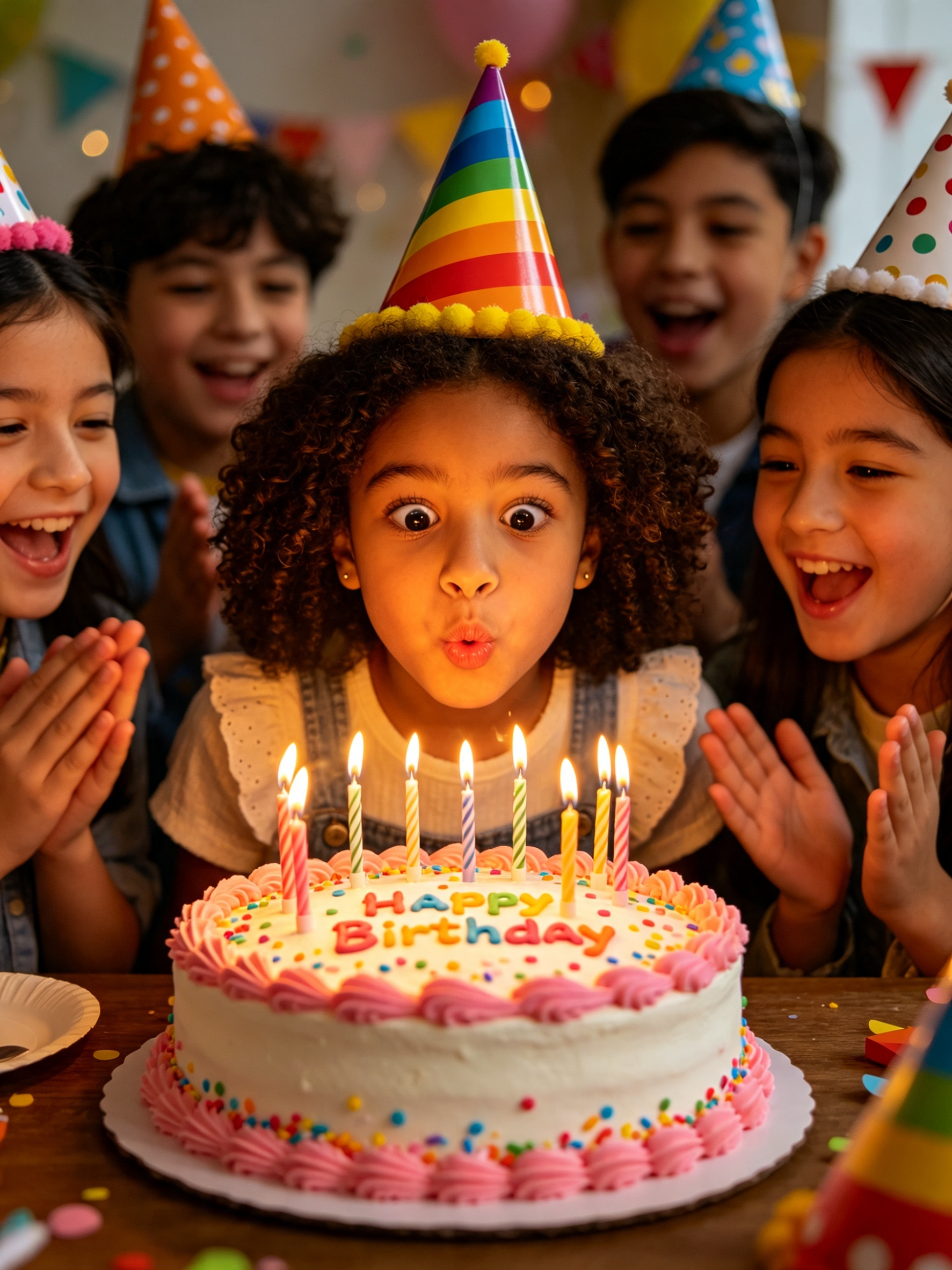 Kingdoms Celebration of Child wearing a rainbow birthday hat blowing out candles on a pink and white birthday cake with colorful decorations, at a birthday party with friends.
