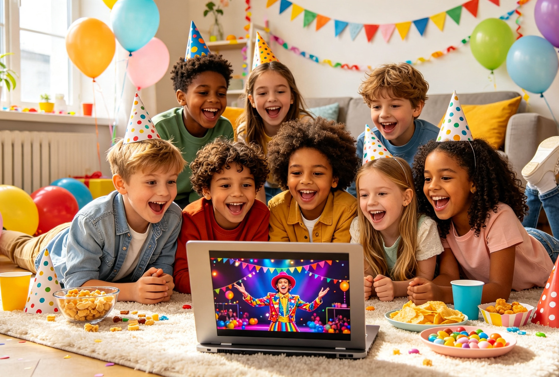 Kingdoms Celebration of children celebrating a birthday party on the floor and watching a video on a laptop, wearing party hats, surrounded by balloons, snacks, and decorations.