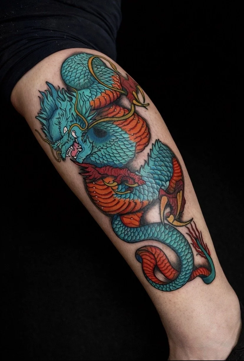 Colorful tattoo of a dragon with blue, red, and yellow scales on a person's upper arm.