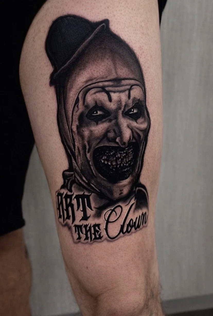 Tattoo of a clown face with dark makeup, twisted expression, and sharp teeth, wearing a small black hat, with the text 'BRT THE Clown' underneath.