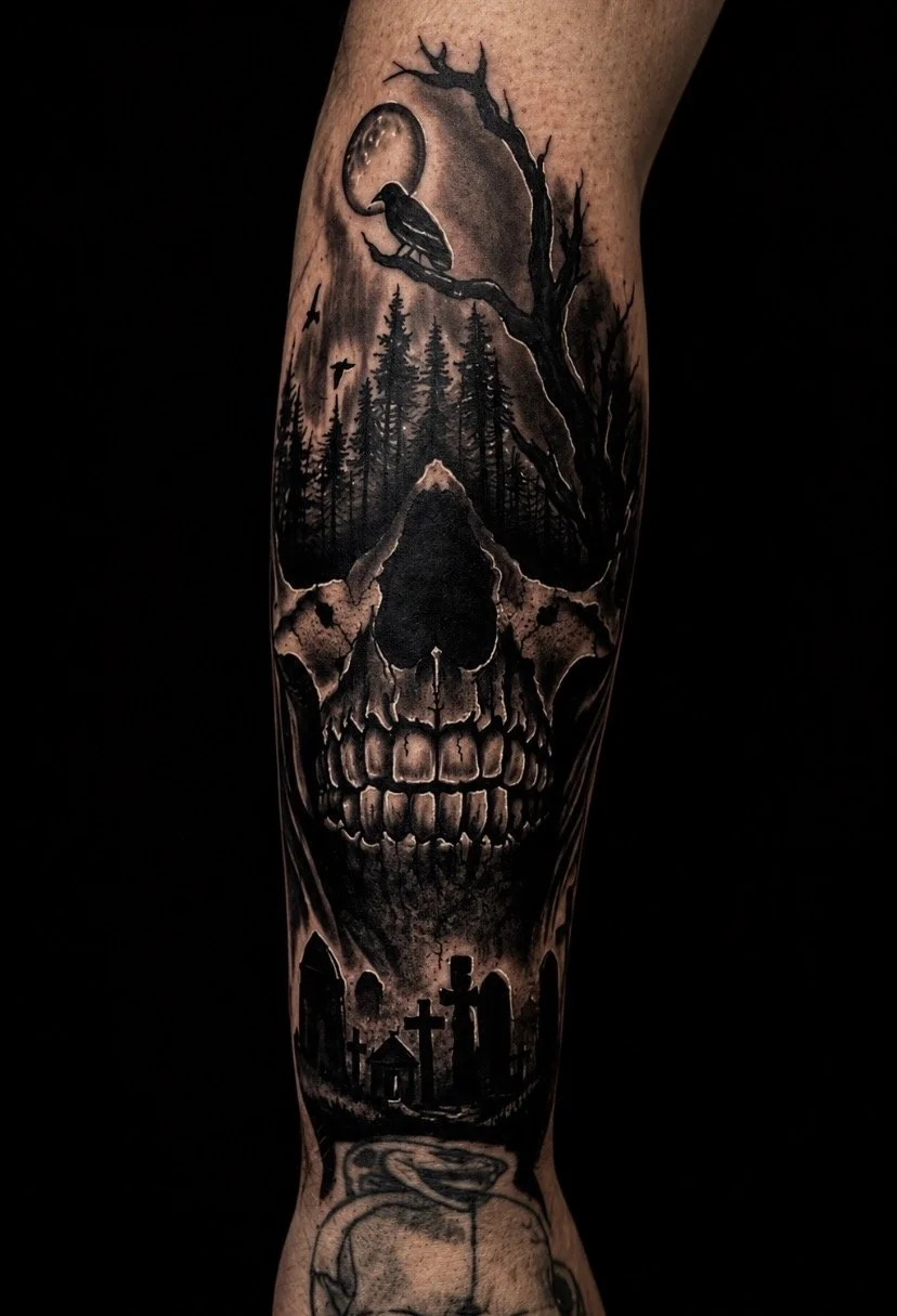 A tattoo of a skull with a detailed forest scene inside, featuring a moon and a silhouetted bird, along with graveyard elements and a tombstone.