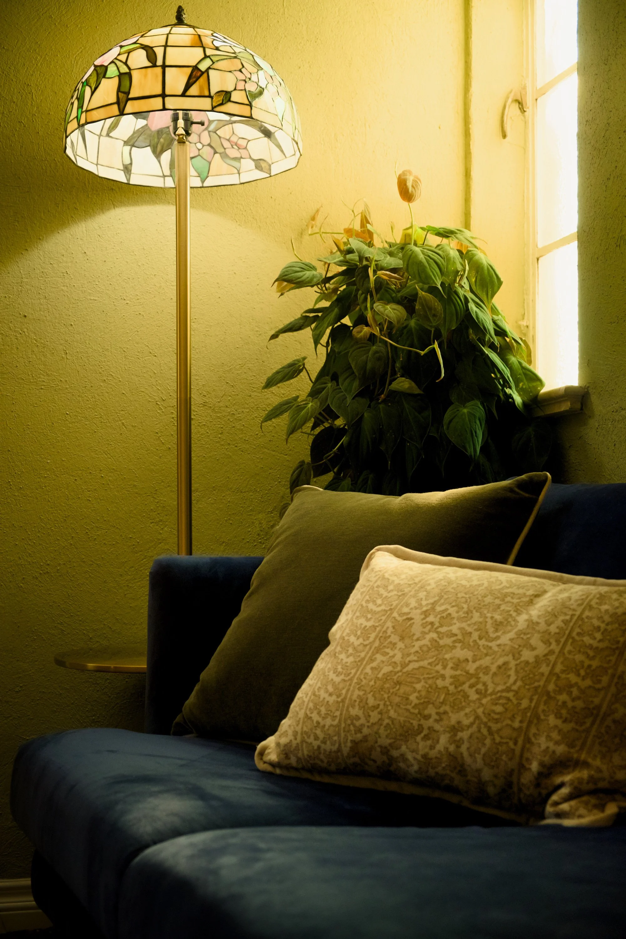 Cozy living room with a Tiffany-style floor lamp, lush houseplant, blue sofa, and patterned pillows beside a sunlit window.