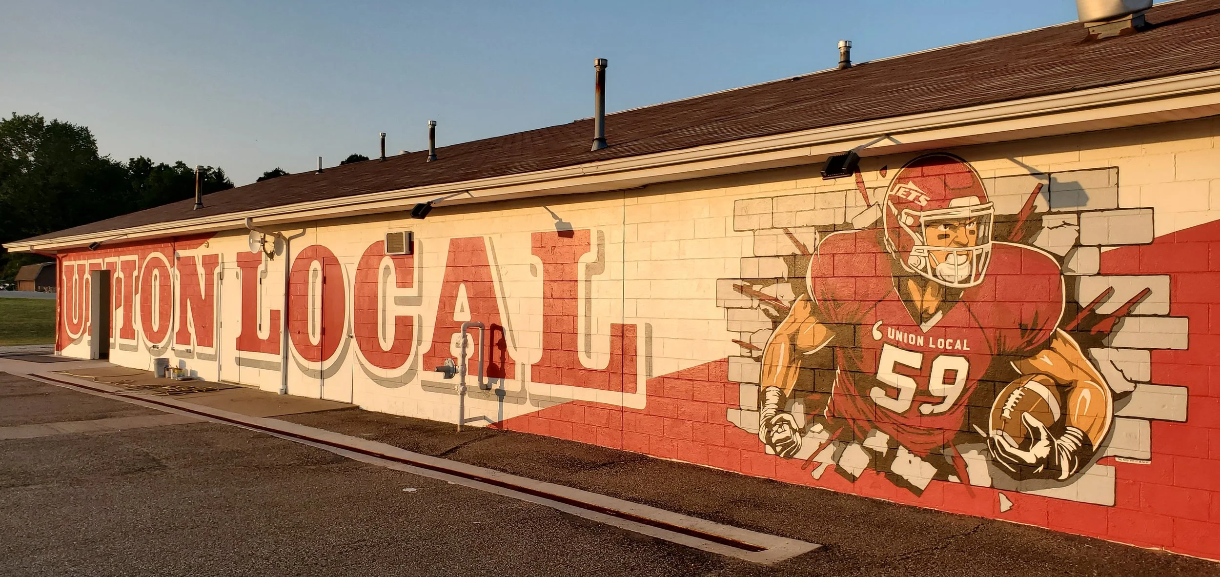 A mural on a building wall featuring large red and white text that reads 'LION ELITE' and a football player wearing a red jersey with number 59, a helmet, and holding a football.