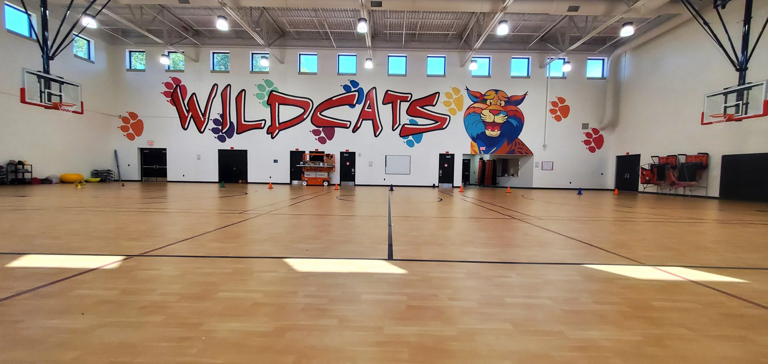 Empty indoor gymnasium with light wood flooring, basketball hoops on each end, and a large colorful wall mural with the word 'WILDSATS' and a tiger mascot surrounded by paw prints. Various gym equipment and equipment storage are visible along the wal