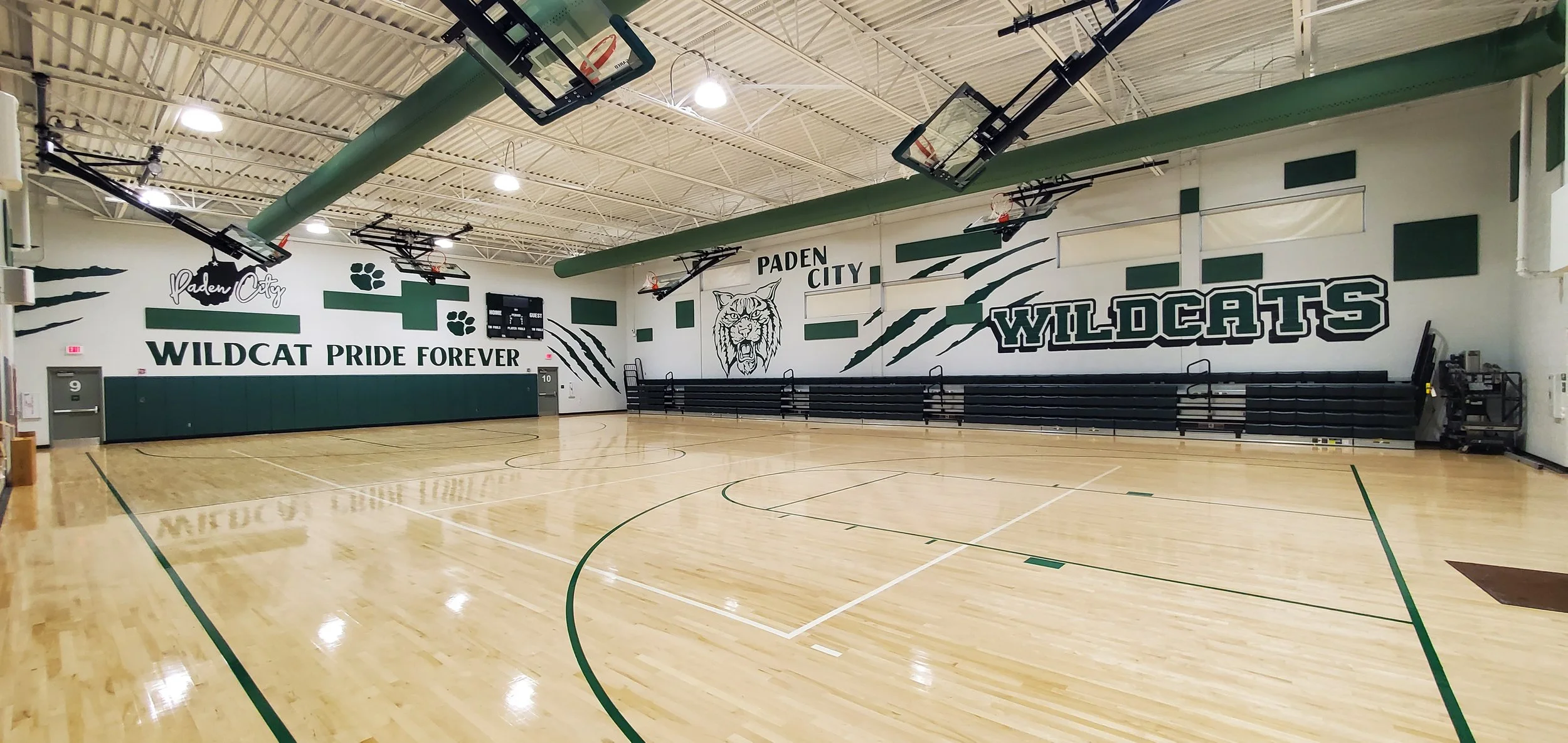Empty indoor basketball gym with wooden floor, basketball hoops, and wall murals depicting wildcats and sports-related text.