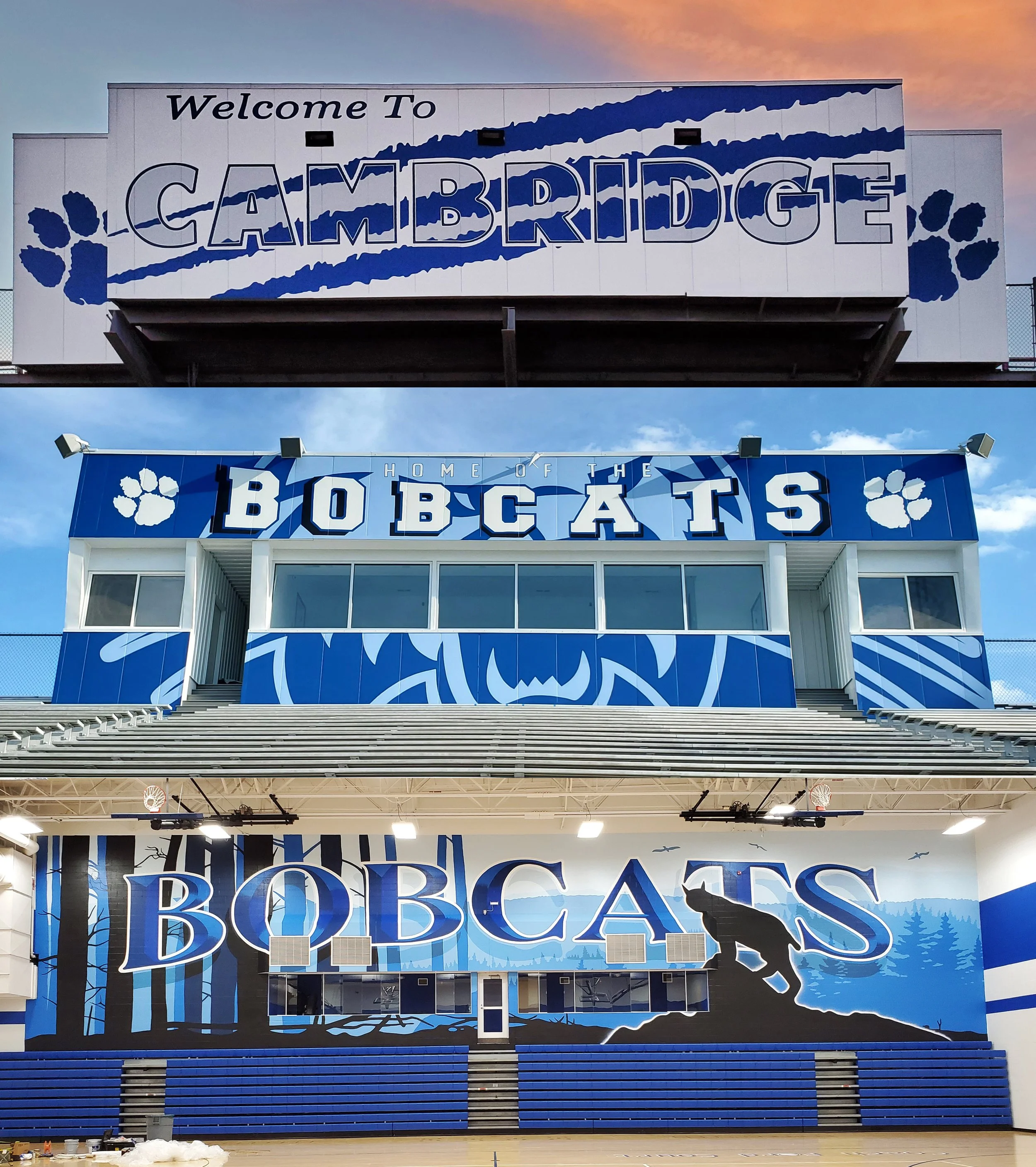 School gymnasium with large banners advertising Cambridge and robotics teams, one banner shows a forest scene with trees, the other features blue and black silhouettes of trees and woods.