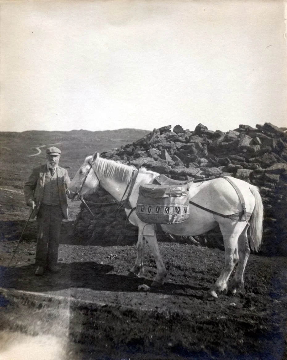 An old black and white photograph of a man standing next to a white horse with a pack saddle, on a dirt path with a large pile of rocks in the background.