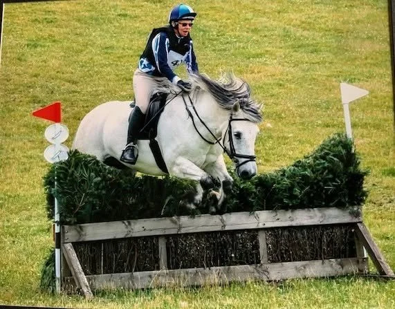 Equestrian competitor on a white horse jumping over a wooden obstacle during a cross-country event.