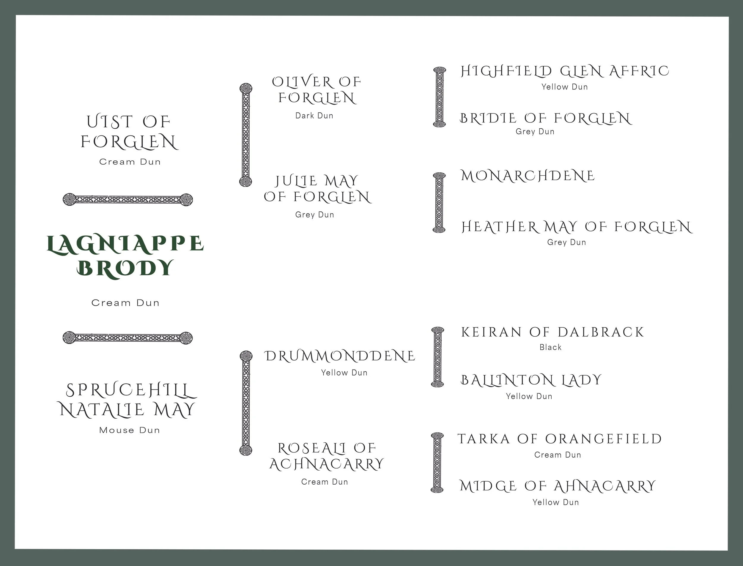 A graph or chart with names of characters, such as Uist of Forglen, Oliver of Forglen, Highfield Glen Affric, Bride of Forglen, Monarchyne, Keiran of Dalbrack, Drummondene, Spruchell Natalie May, Roseate of Achmacarry, Tarka of Orangefield, and Middle of Achmacarry. Each name has a description of the character's color or type of dun, like cream dun, grey dun, yellow dun, or black. Decorative vertical lines separate some of the names.