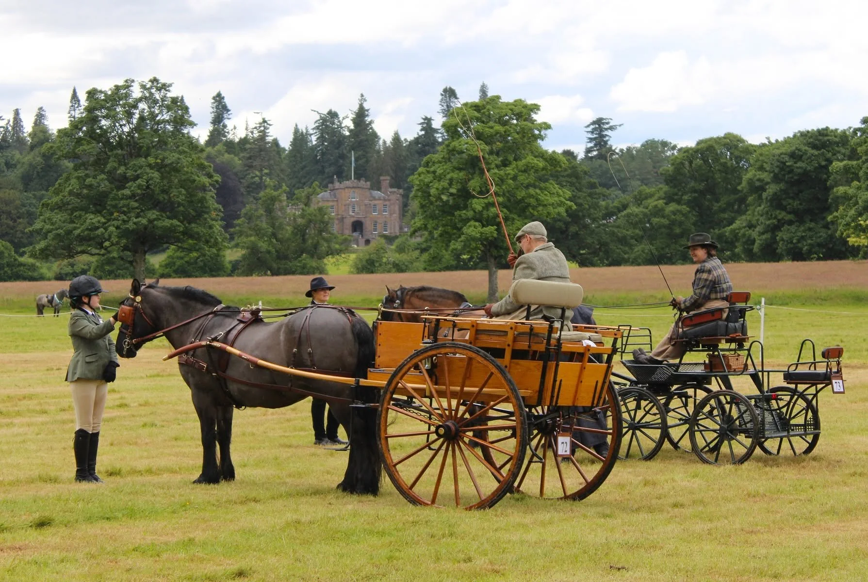 People riding a horse-drawn carriage on a grassy field, with a woman standing nearby holding the horse's reins. In the background, there is a large historic building, trees, and a cloudy sky.