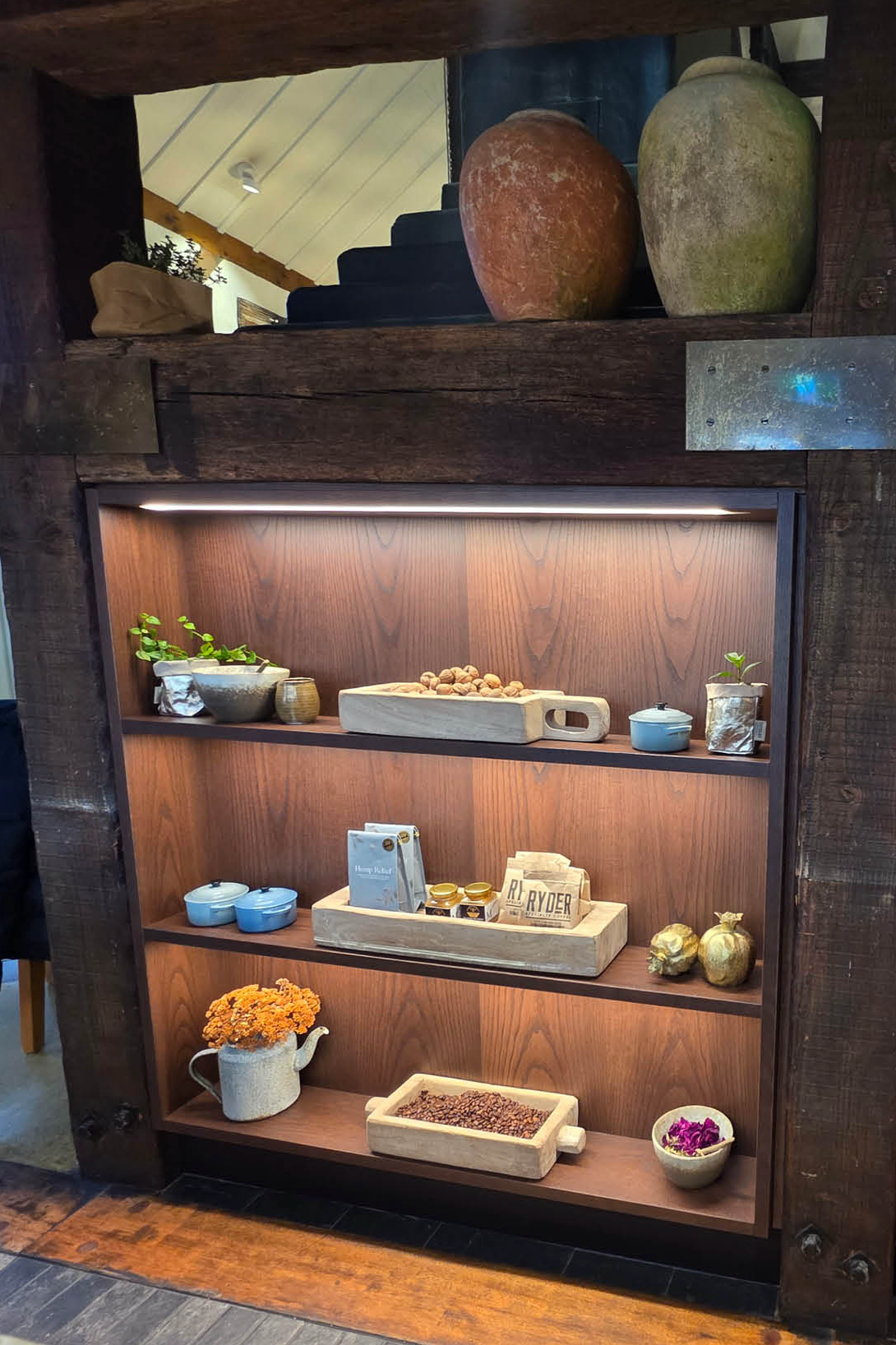 Wooden display shelf styled by Lusso Finishing Touches at Millbrooke Resort