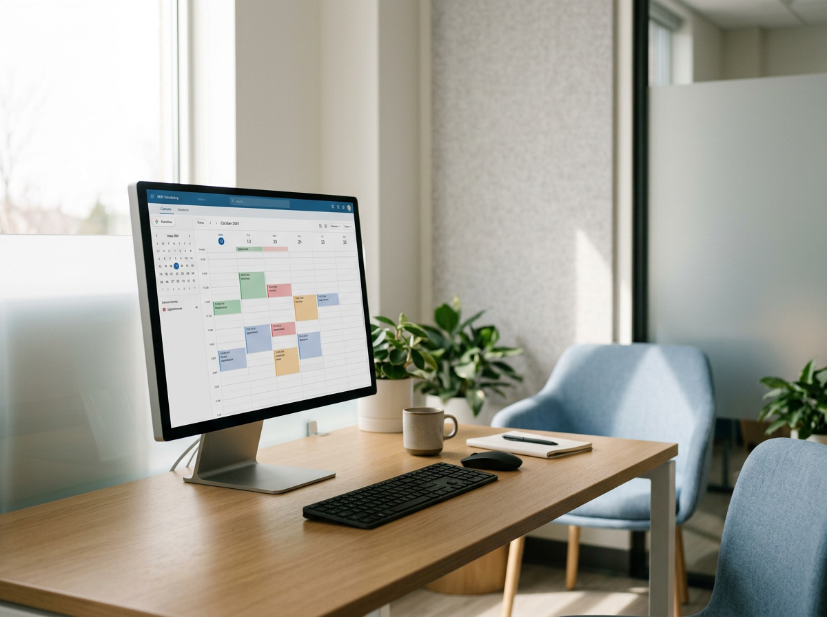 Office workspace with a computer monitor displaying a calendar, a keyboard, a mouse, a notebook, a pen, a coffee mug, and two blue chairs, with green plants and large windows in the background.