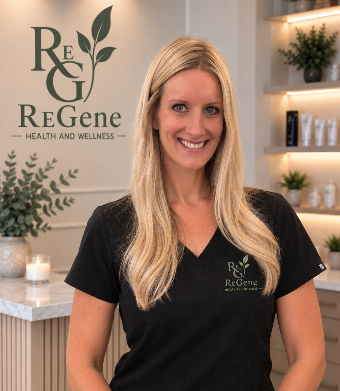 A woman with long blonde hair smiling in a wellness clinic, wearing a black health professional uniform with 'ReGene' logo, behind a reception area with shelves of skincare products and decorative plants.