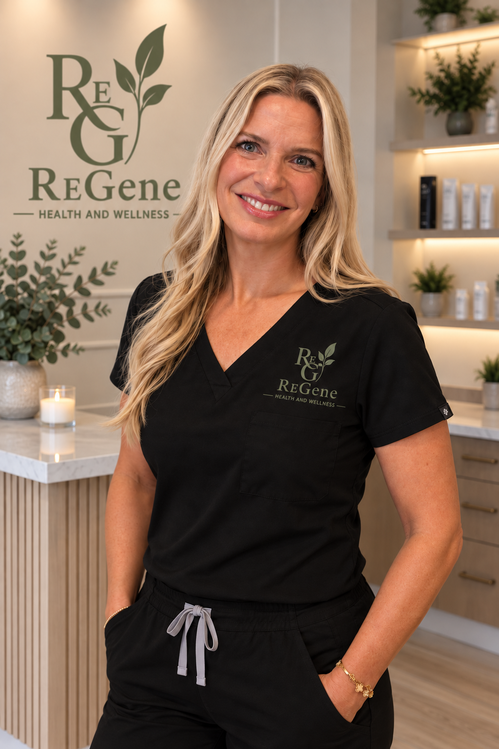 A woman with long blonde hair smiling in a wellness clinic, wearing a black uniform with the logo 'ReGene' on it, standing in front of a reception area with a plant, candles, and shelves with wellness products.