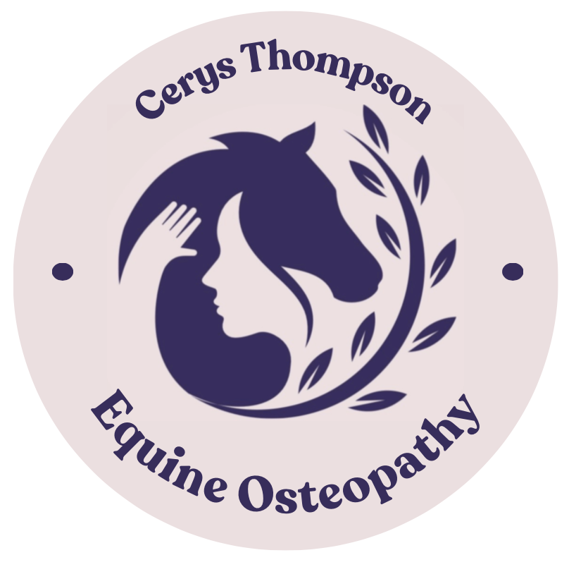Logo for Cerys Thompson Equine Osteopathy featuring a silhouette of a woman and a horse's head, surrounded by a laurel branch, with the name and profession written around.