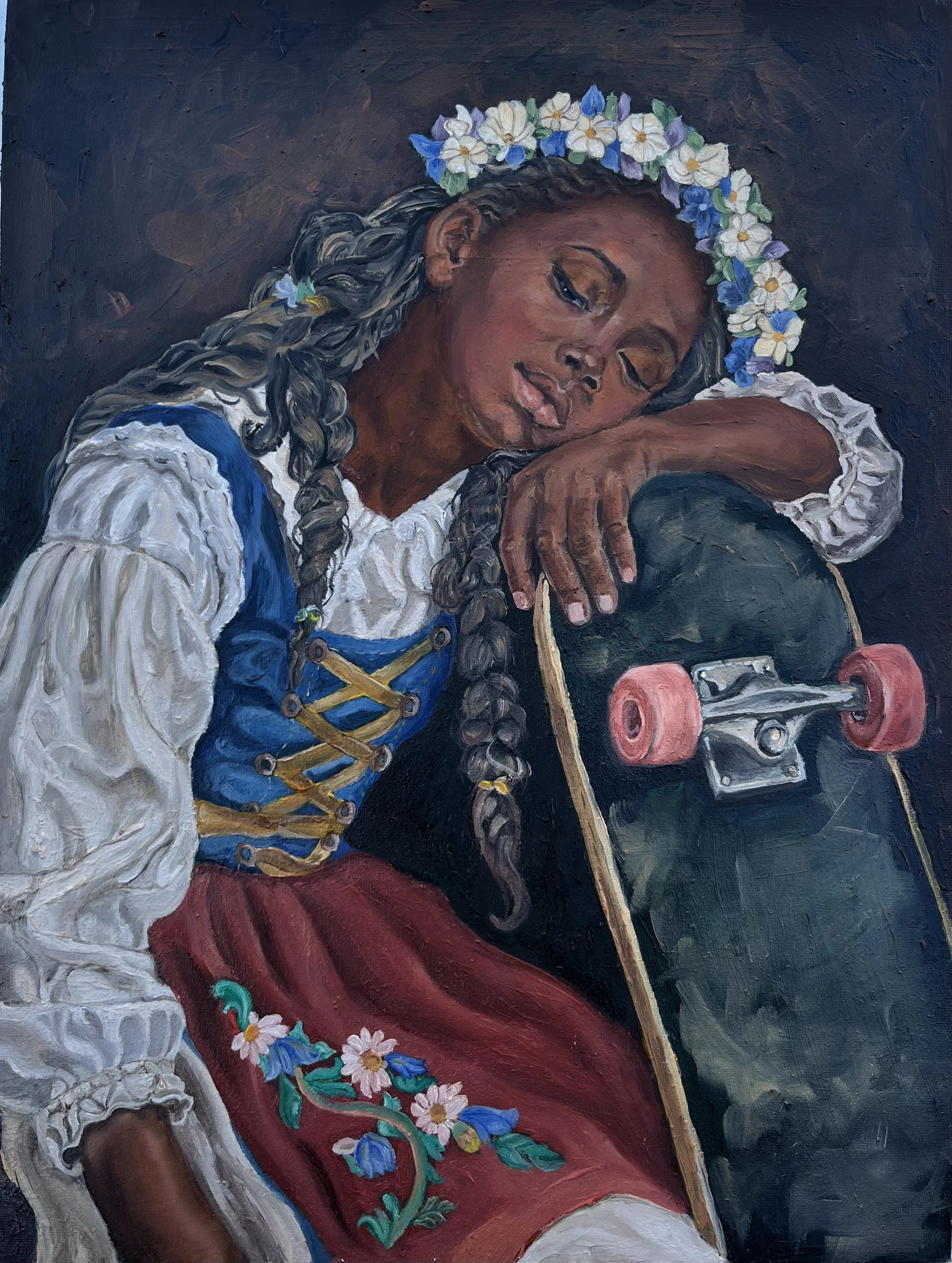 A painting of a woman resting her head on her arm, with long braided hair decorated with blue and white flowers, wearing a traditional blue and white dress with lacing detail, and floral embroidery on her sleeve, set against a dark background.
