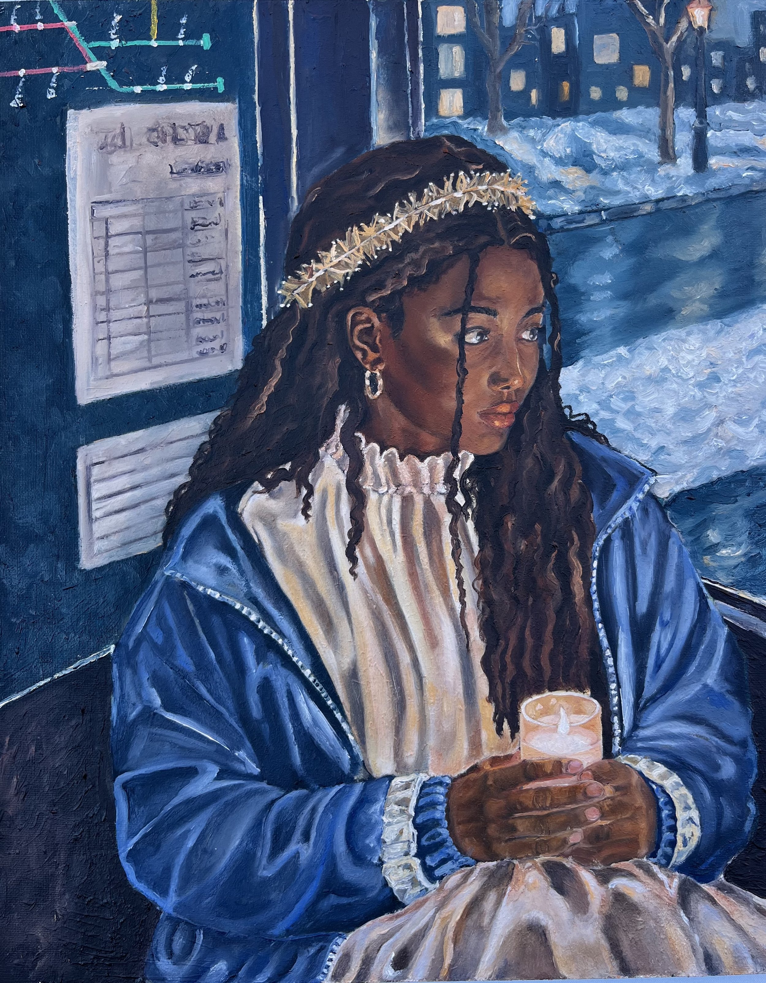 A portrait painting of a woman with dark brown skin and curly hair, wearing a white ruffled shirt, a blue jacket, and a pearl necklace. She is sitting outdoors, holding a glass of a pink beverage with a slice of lemon. In the background, there is a snowy landscape with trees and a dark blue sky, and part of a building with windows.