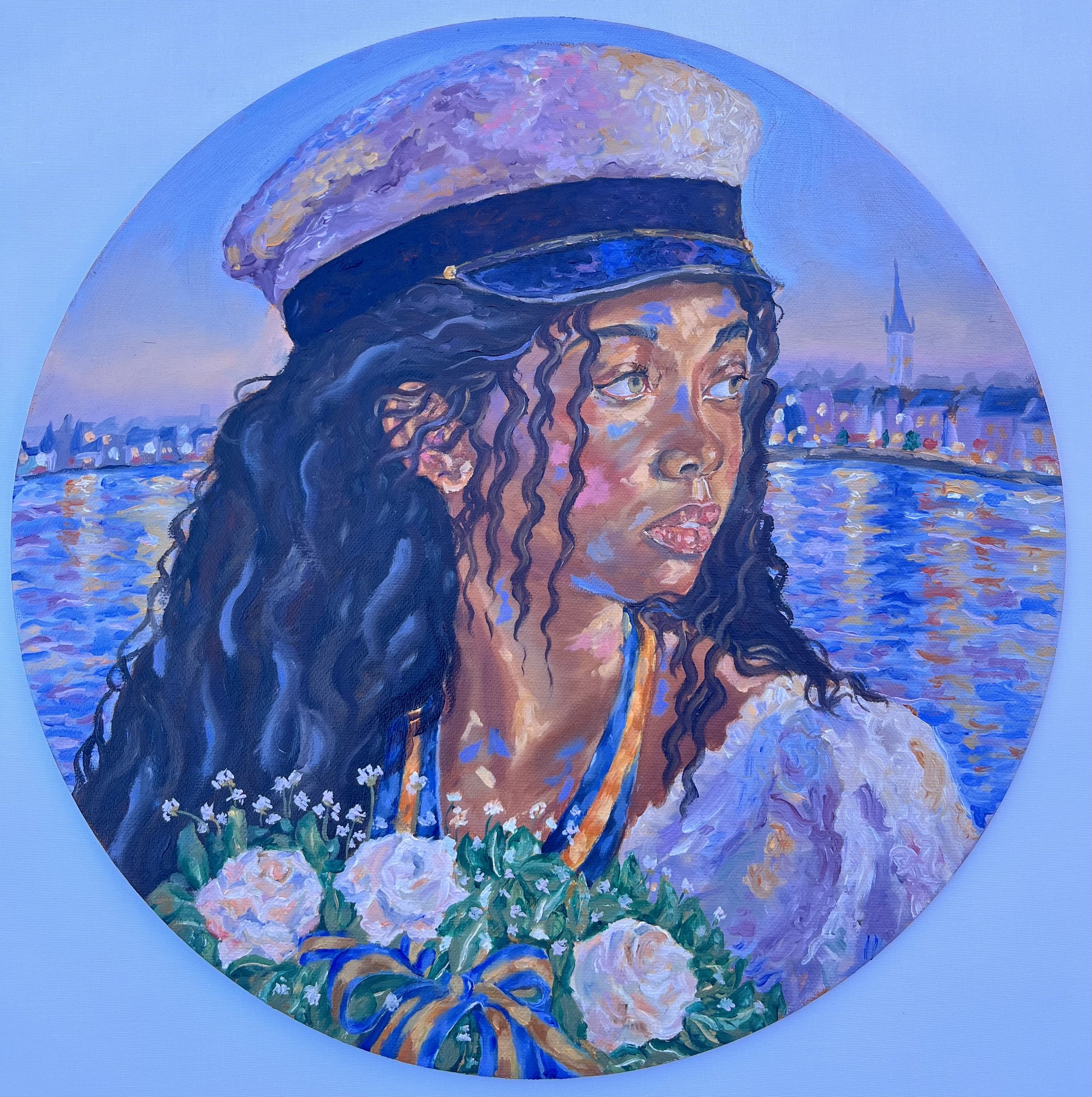 A painting of a woman with curly hair wearing a hat, overlooking a body of water with buildings in the background.