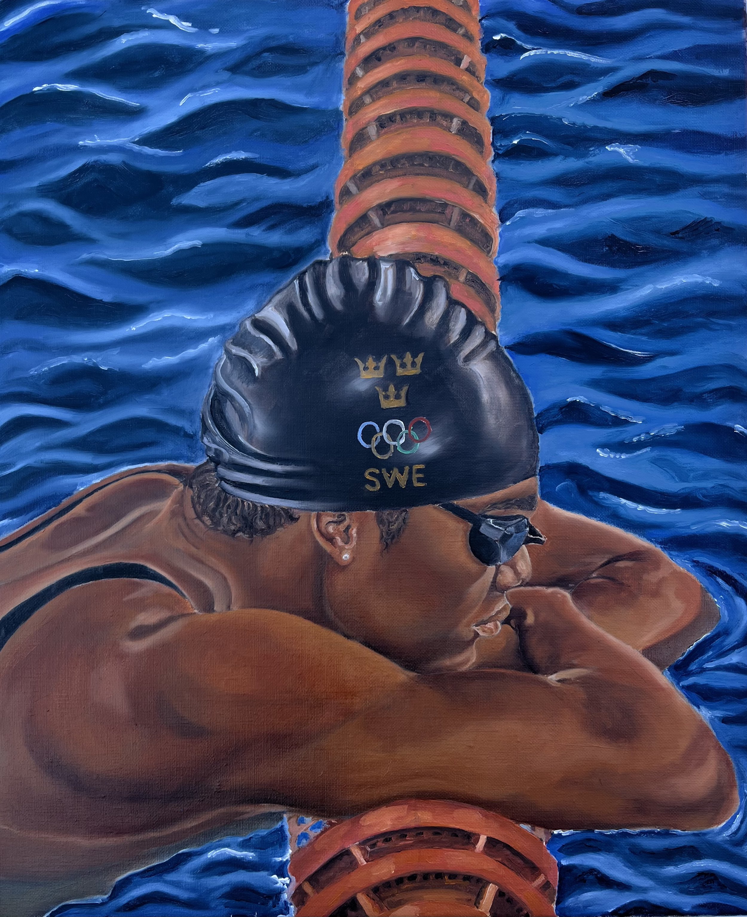 Painting of a swimmer with Olympic rings and the Swedish flag, wearing a swim cap and goggles, mid-stroke in a blue pool.
