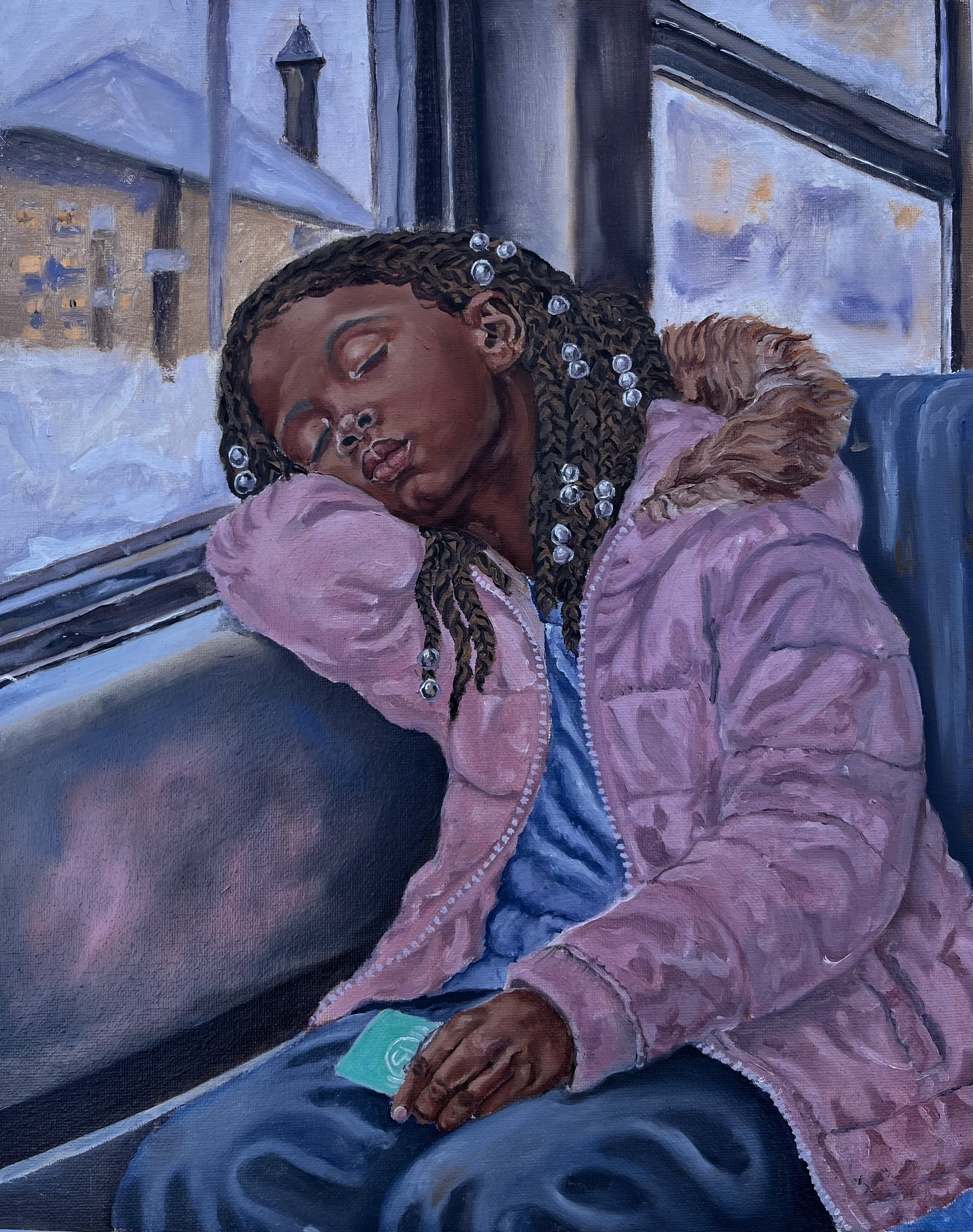 A painting of a young girl with braided hair adorned with beads, sleeping with her head resting on her arms, wearing a pink jacket, sitting by a window on a cold day.
