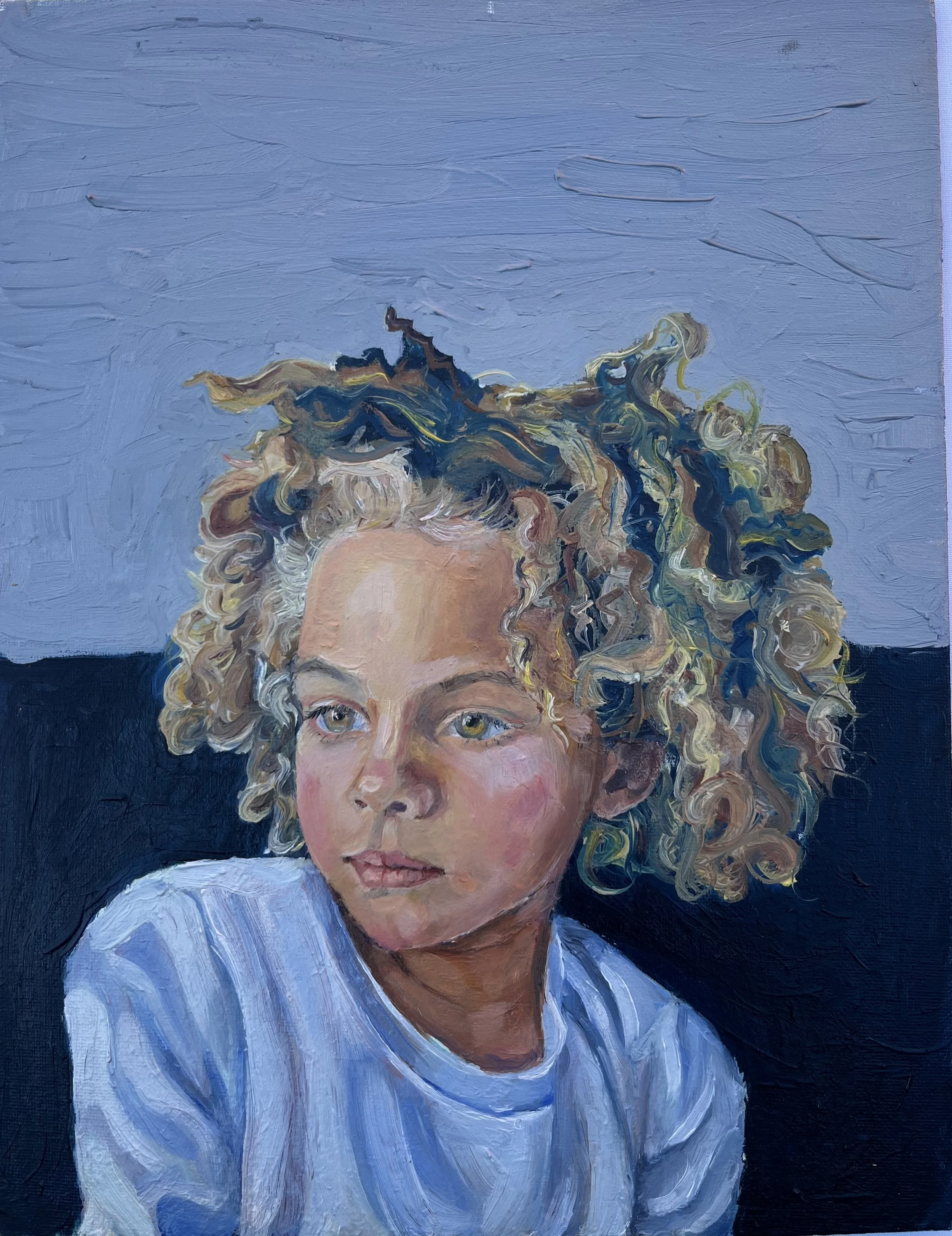 A portrait painting of a young girl with curly blonde hair, blue eyes, wearing a light blue garment, against a dark background.