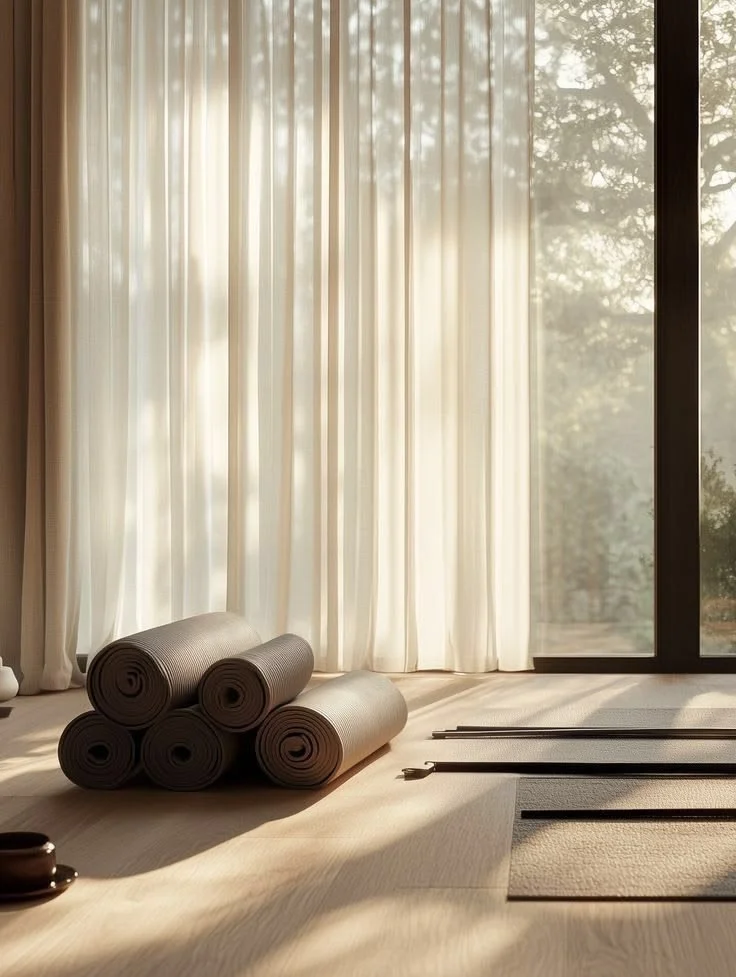 Yoga mats rolled and stacked on a wooden floor near a window with white curtains, sunlight filtering through, with yoga blocks and black straps on the floor.