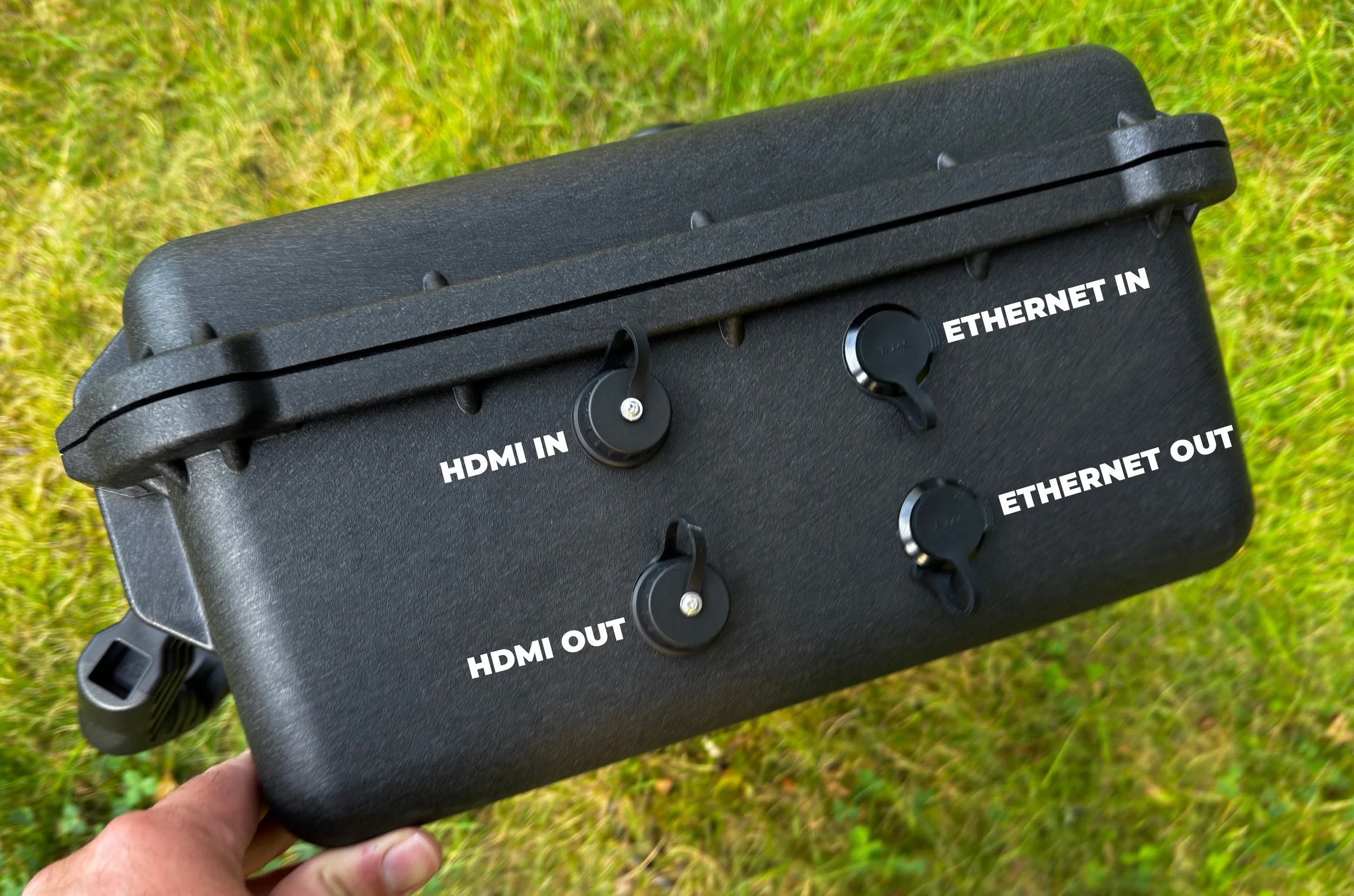 A black portable network device with labels for HDMI IN, HDMI OUT, ETHERNET IN, and ETHERNET OUT.