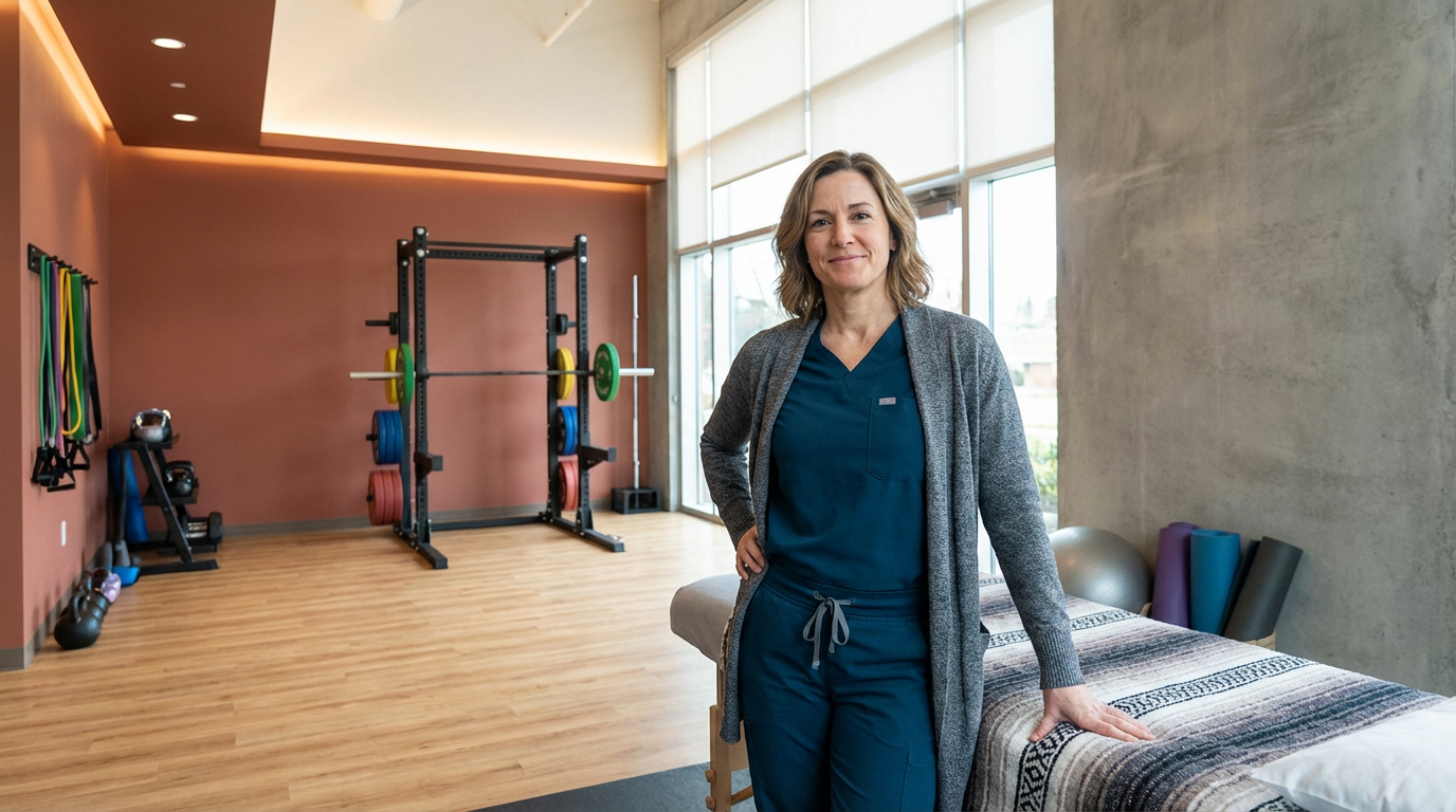 A woman in medical scrubs and a gray cardigan standing in a fitness room, smiling, with fitness equipment and exercises mats in the background.