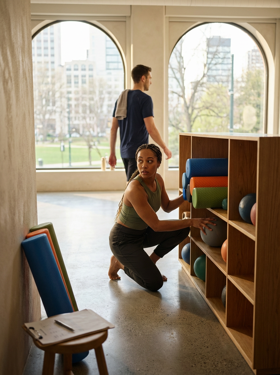 A woman is kneeling down and organizing exercise balls and foam rollers on a wooden shelf in a gym or yoga studio, with a man walking by in the background near large windows showing a cityscape and trees.