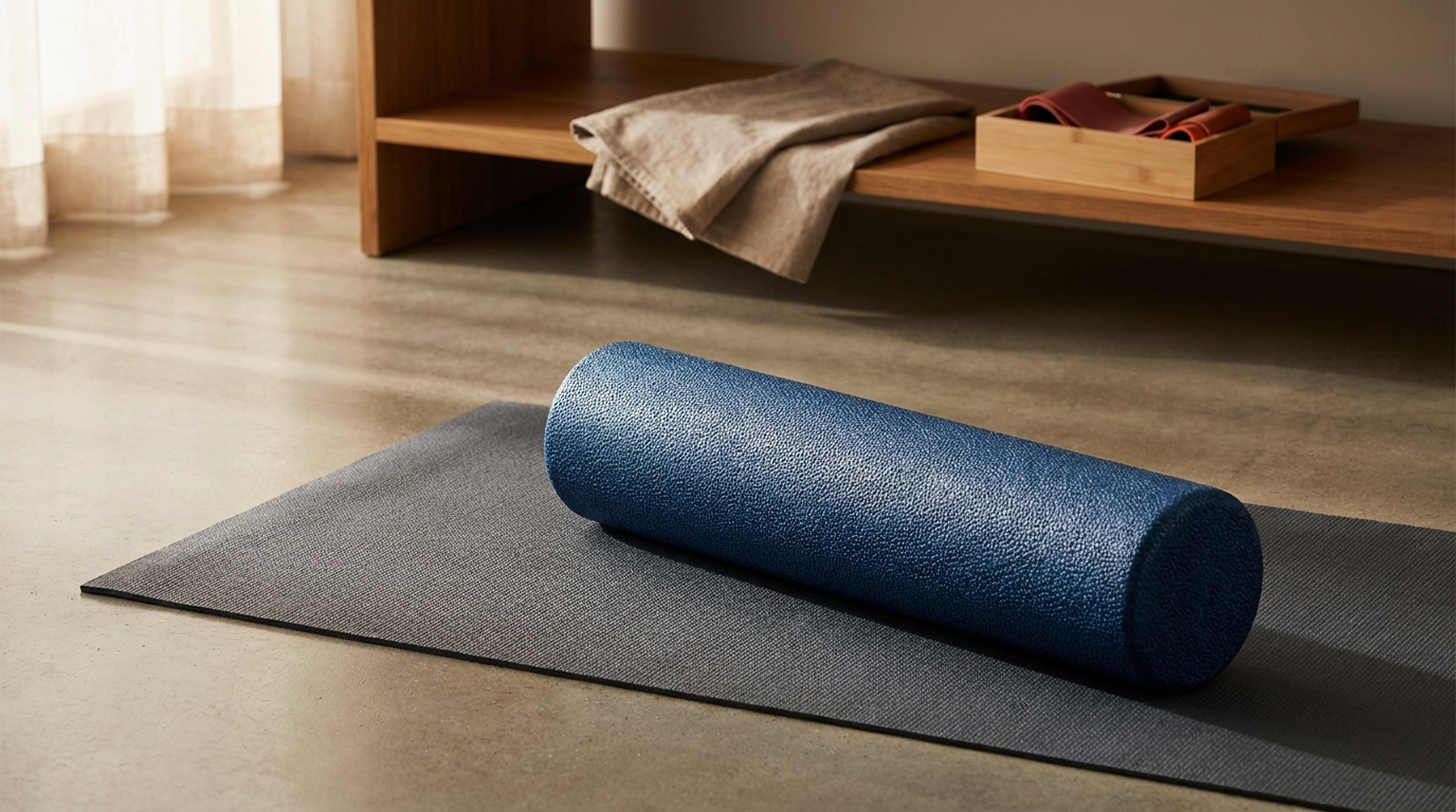A blue foam yoga roller resting on a rolled-up gray yoga mat on a wooden floor in a room with beige curtains and a wooden bench with folded towels and a box of resistance bands.