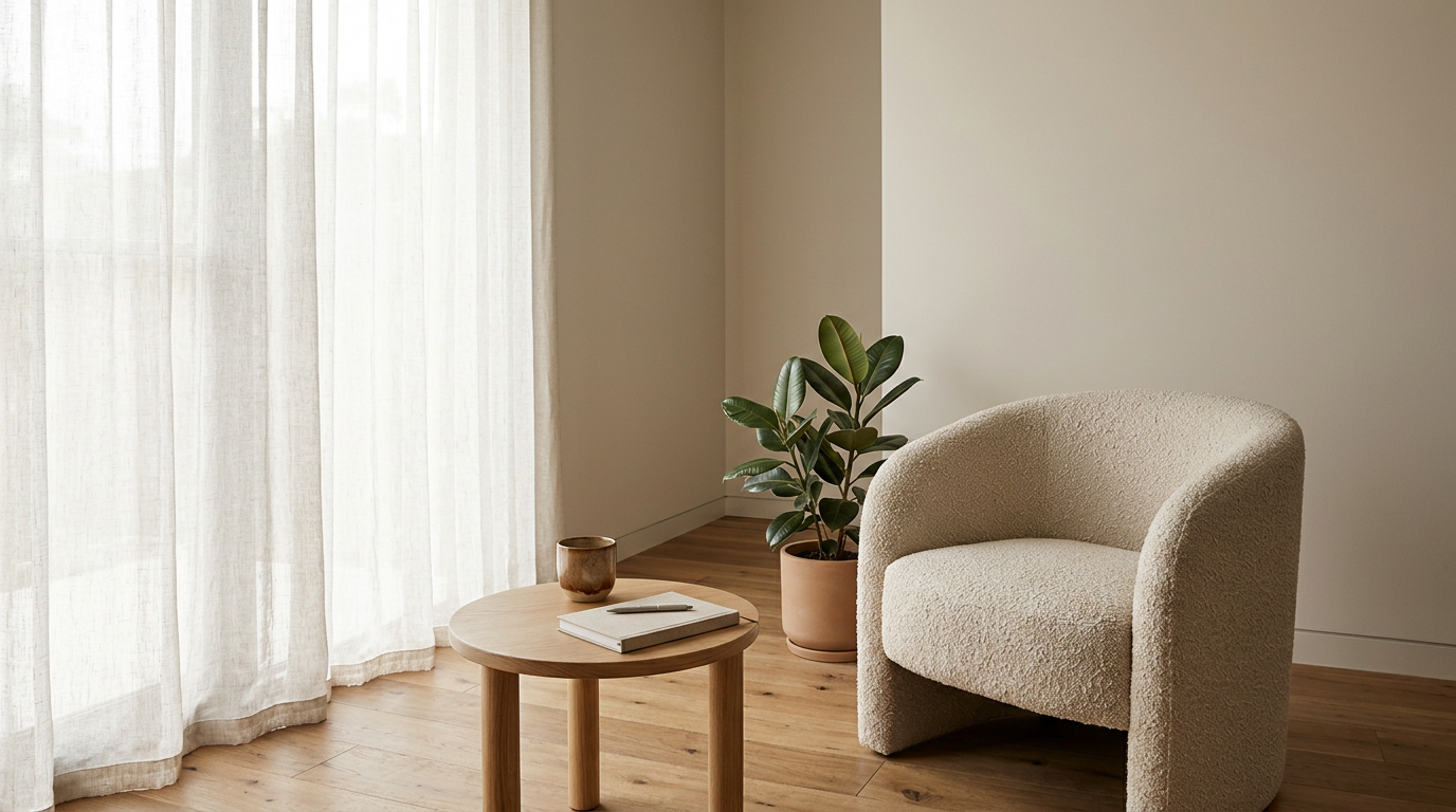 A cozy corner with a beige armchair, a small round wooden table with a cup and a notebook, a potted green plant, and light-colored curtains letting in natural light.