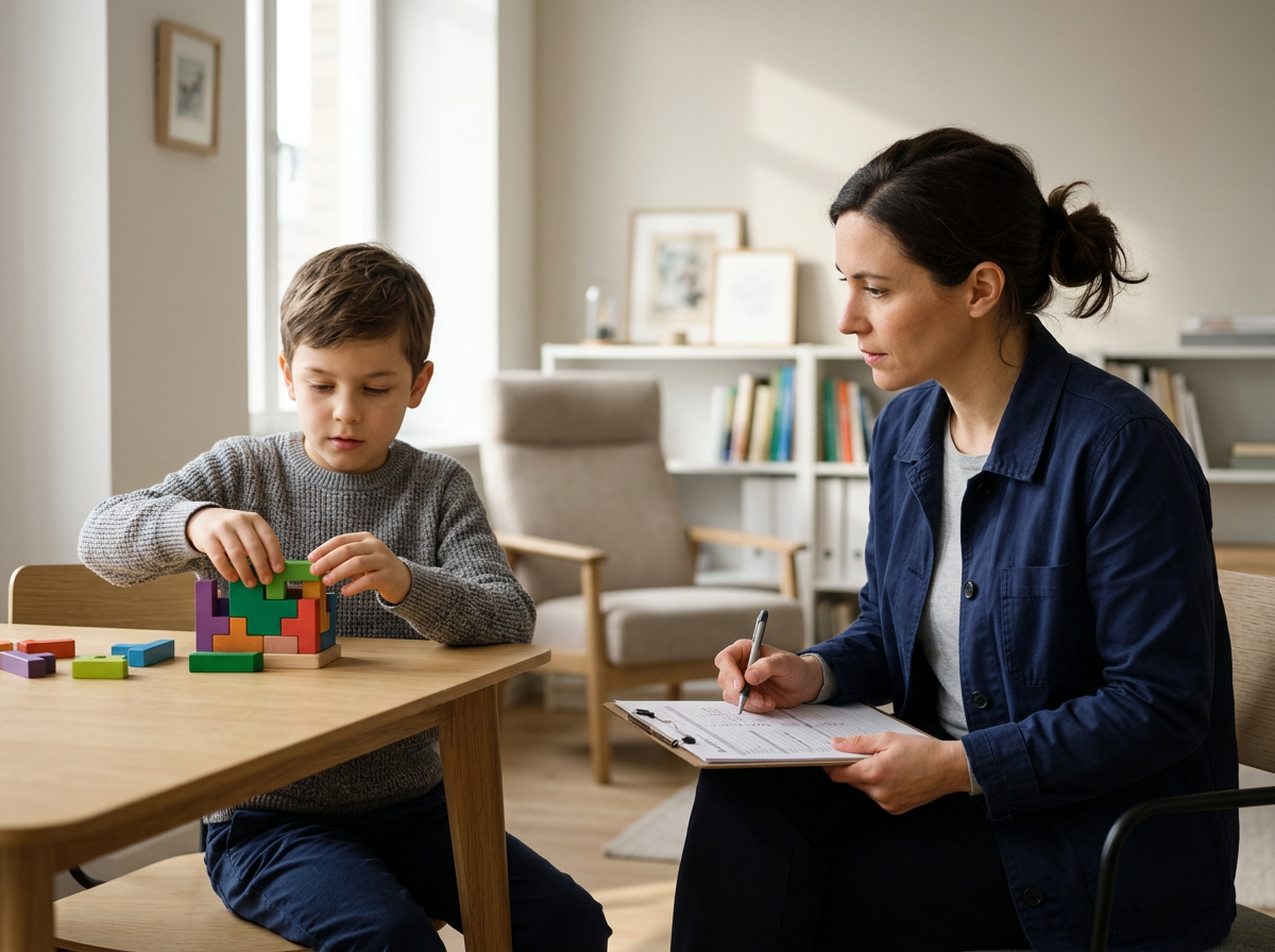 A woman sitting at a table with a young boy playing with colorful puzzle pieces in a bright, cozy room with books and framed pictures in the background.