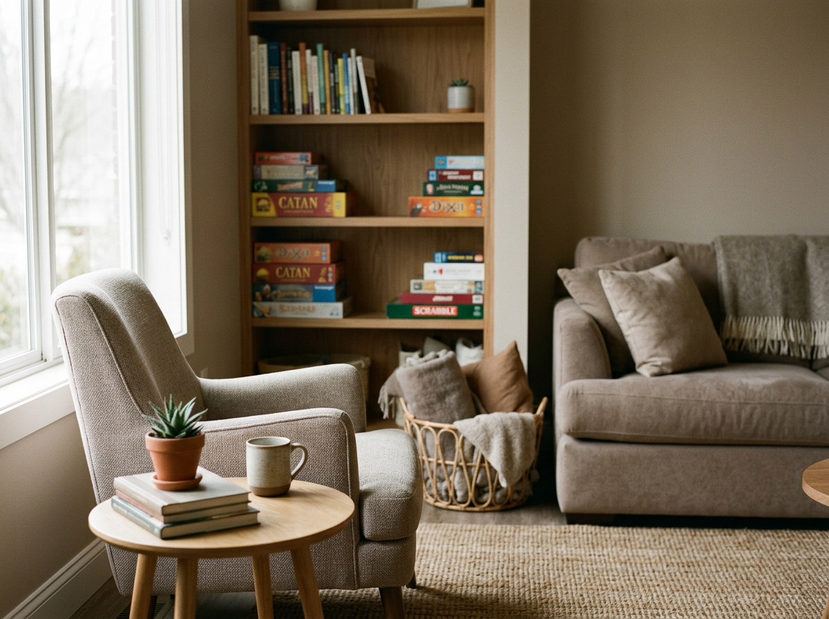 Living room with beige armchair and side table holding a potted succulent and books, a light gray sofa with cushions, a wicker basket with throws and pillows, a wooden bookshelf with board games and books, and a window with natural light.