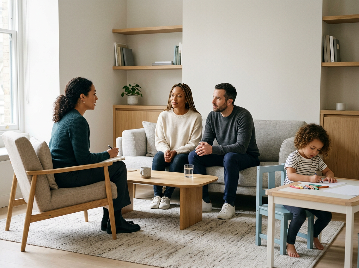 A woman conducting a therapy session in a living room with three clients and a child drawing at a table.