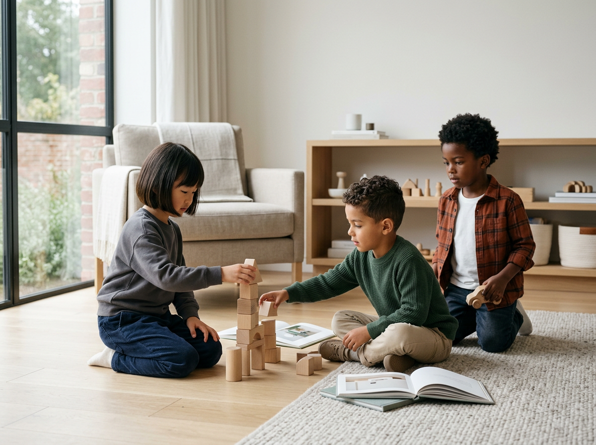 Three children playing with wooden building blocks indoors, sitting on the floor near a bookshelf and a large window.