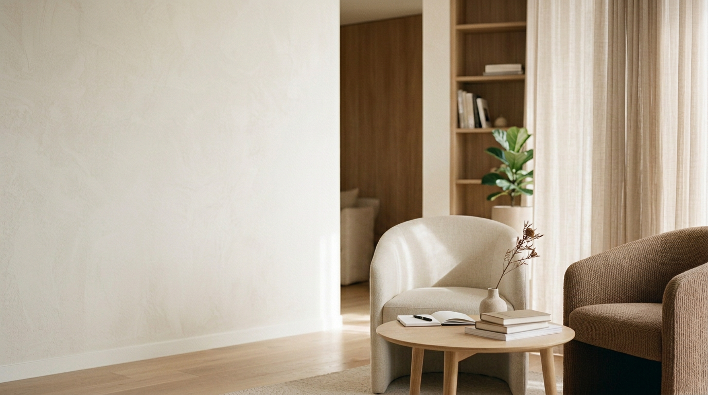 A cozy living room corner with two armchairs and a round wooden coffee table. The table has books, a remote, and a vase with dried branches. Behind, there's a tall plant and a window with sheer curtains, with a built-in wooden bookshelf in the background.