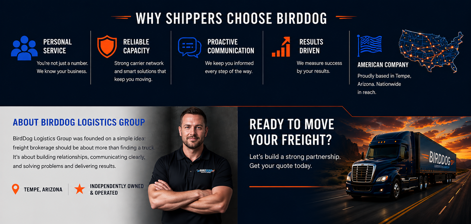 Flyer for Birddog Logistics Group emphasizing reliability, communication, results, and American roots, with a photo of a man in a black polo shirt and a large truck on a highway at sunset.