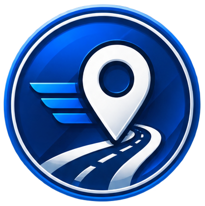 Icon of a navigation map pin with a wing and road, representing travel or directions.
