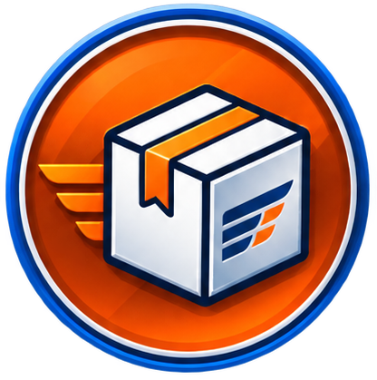 A circular logo with an orange background featuring a white box with black outlines, an orange stripe on top, and a stylized orange and blue wing on the side.