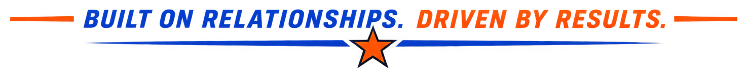 Part of a promotional or advertising sign with the phrases "Built on Relationships," "Driven by Results," and a star symbol in the center, using blue and orange text.