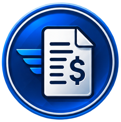 Icon of a financial document with a dollar sign and lines of text, featuring a blue circular background with wing-like accents.