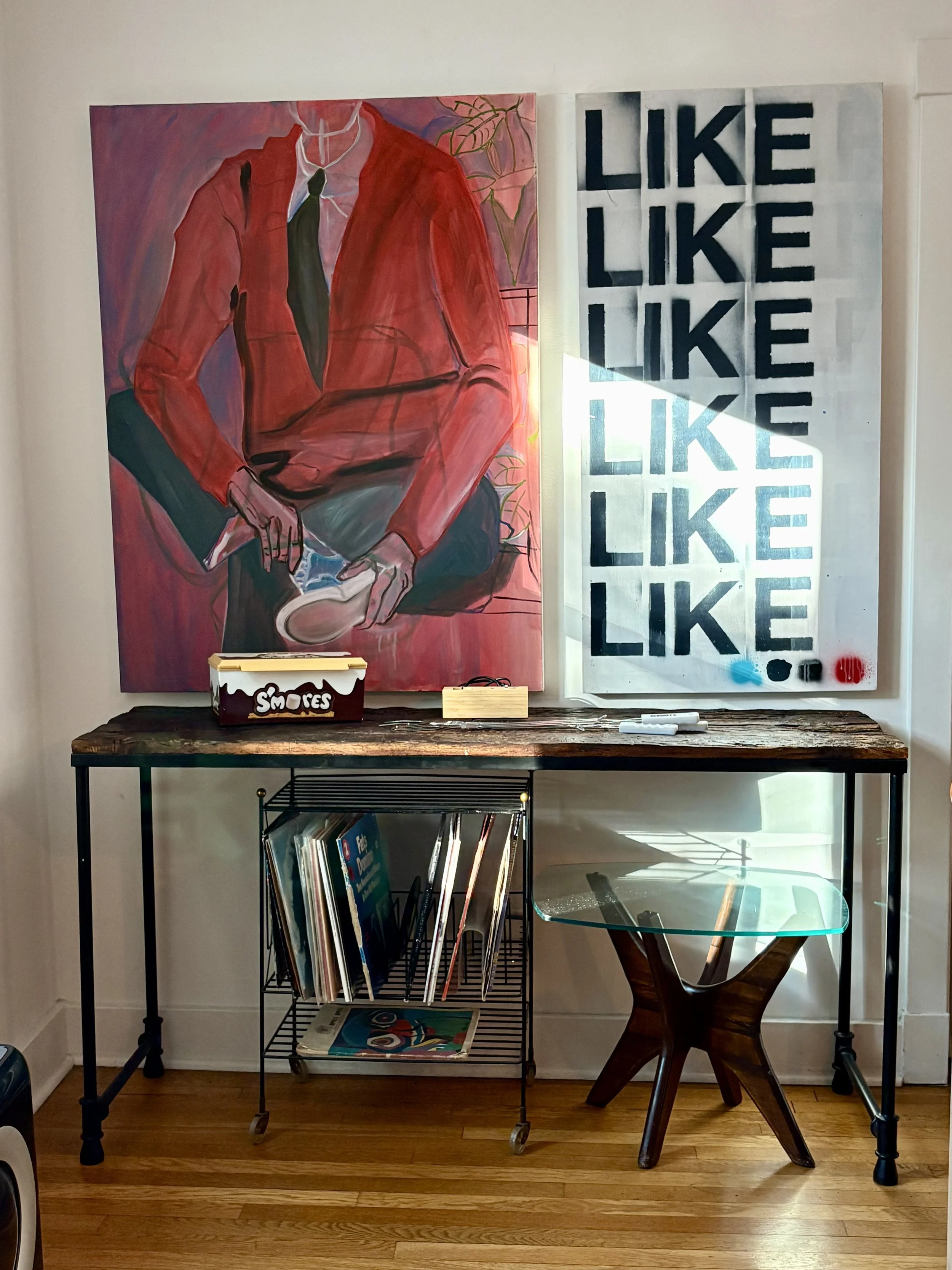 After: This amazing piece of one of Pittsburgh's most famous icons was hidden by a back door. We brought it into the dining room of the Airbnb, one of the first things guests would see when they entered the home.  The records and Pearsall table hide 